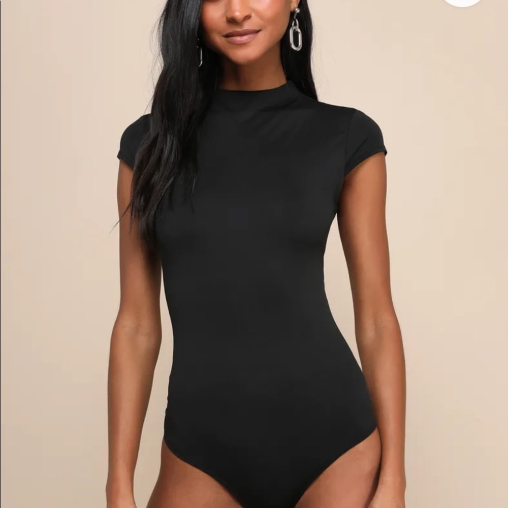 Lulus Sleek Style Black Funnel Neck Bodysuit
